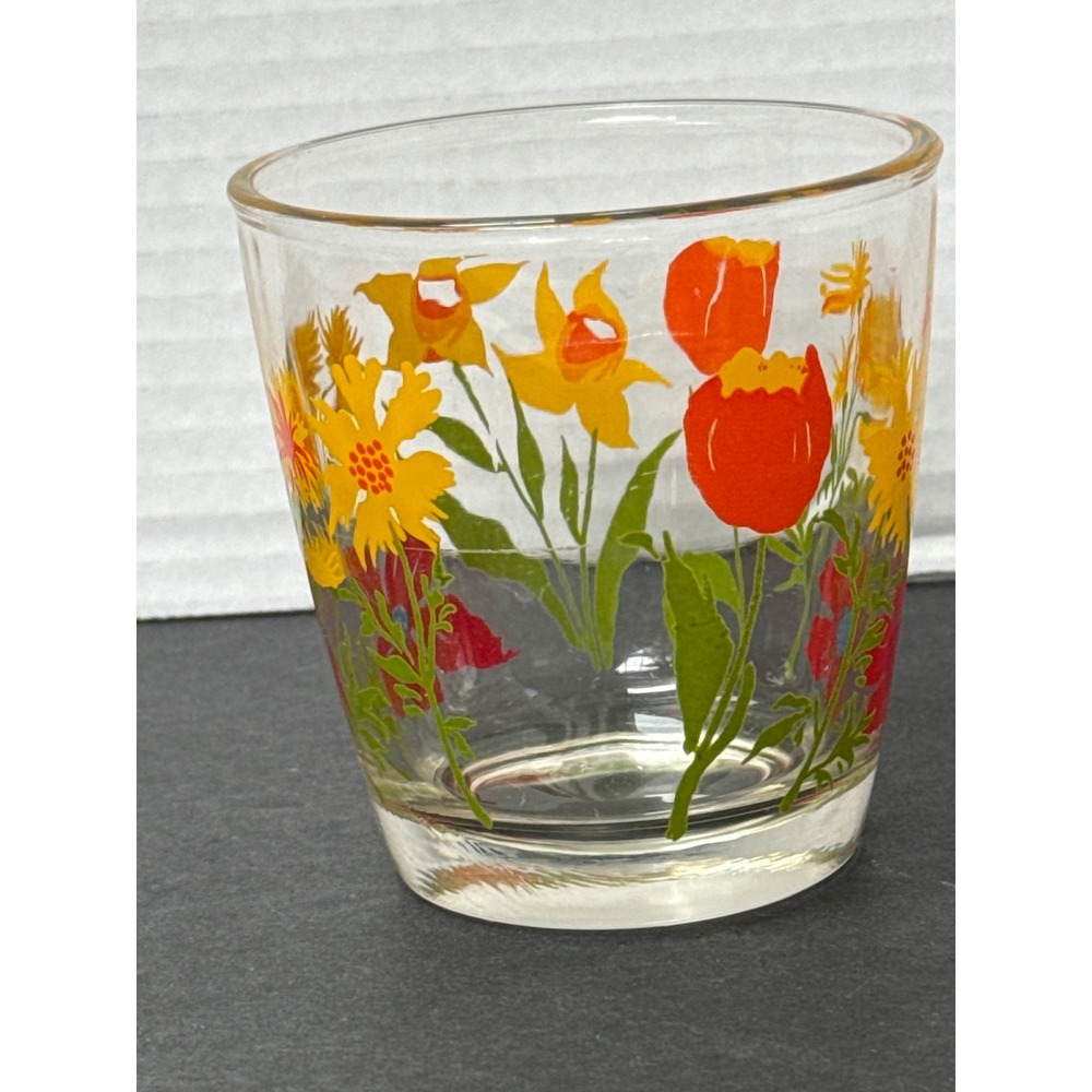 VTG Hazel Atlas Sour Cream/Juice Glass Red Poppies Yellow Daisy Orange Tulips - Picture 4 of 10